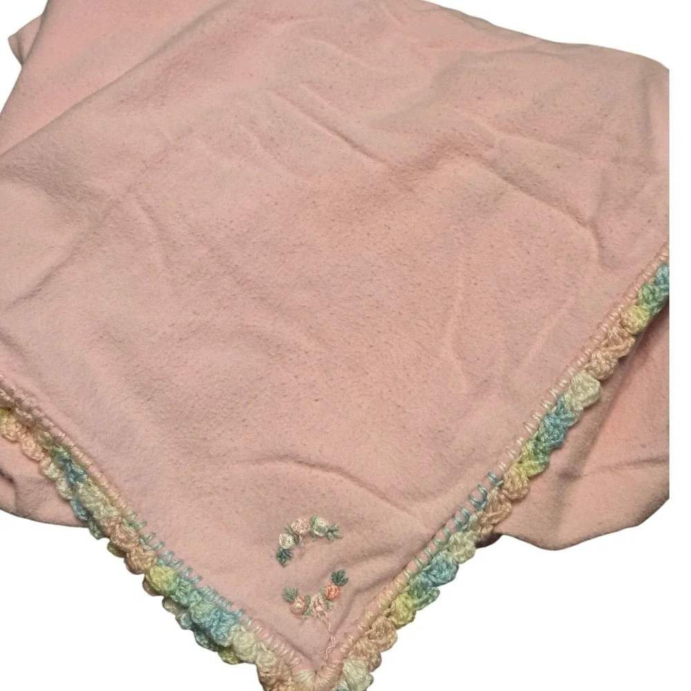 Handmade Baby Receiving Blanket 44x36 Pink Vintage 70s Trim Floral Embroidered